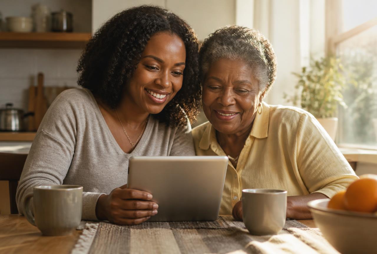 A daughter and her mother in her sixties smiling together as they use a tablet at a sunny kitchen table
