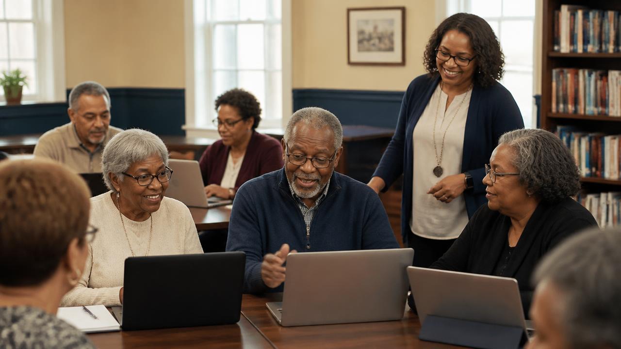 Adults in their 50s to 70s learning to use AI on laptops together at a community center workshop
