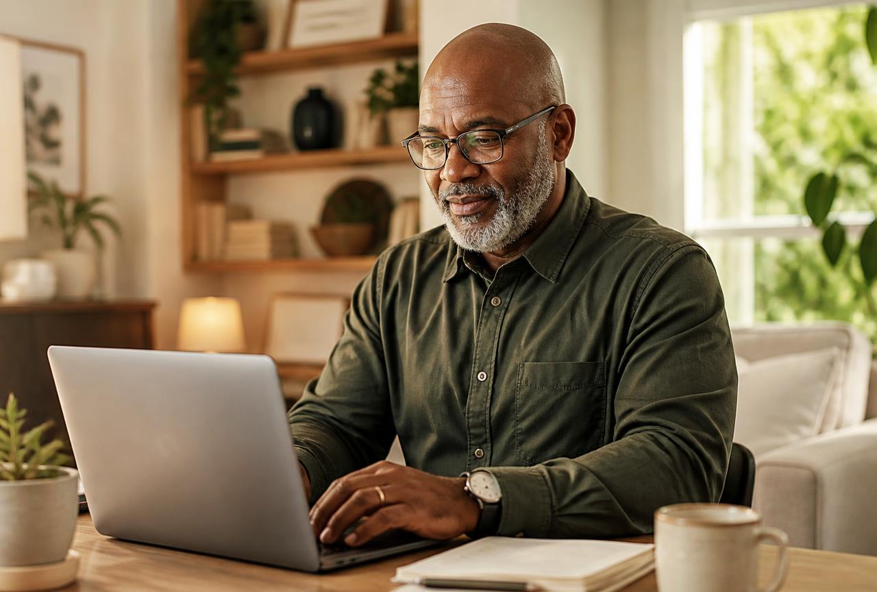 A confident man in his sixties working at his laptop in a warm, sunlit home office